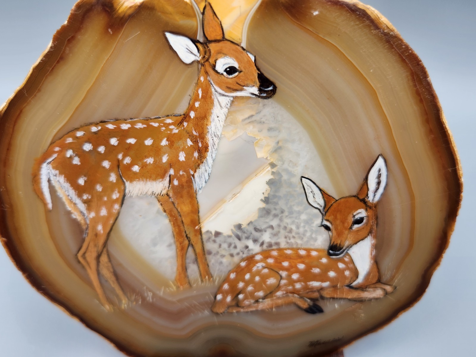 Deer Hand Painted On Geode Stone Slab Signed 5×5.25″
