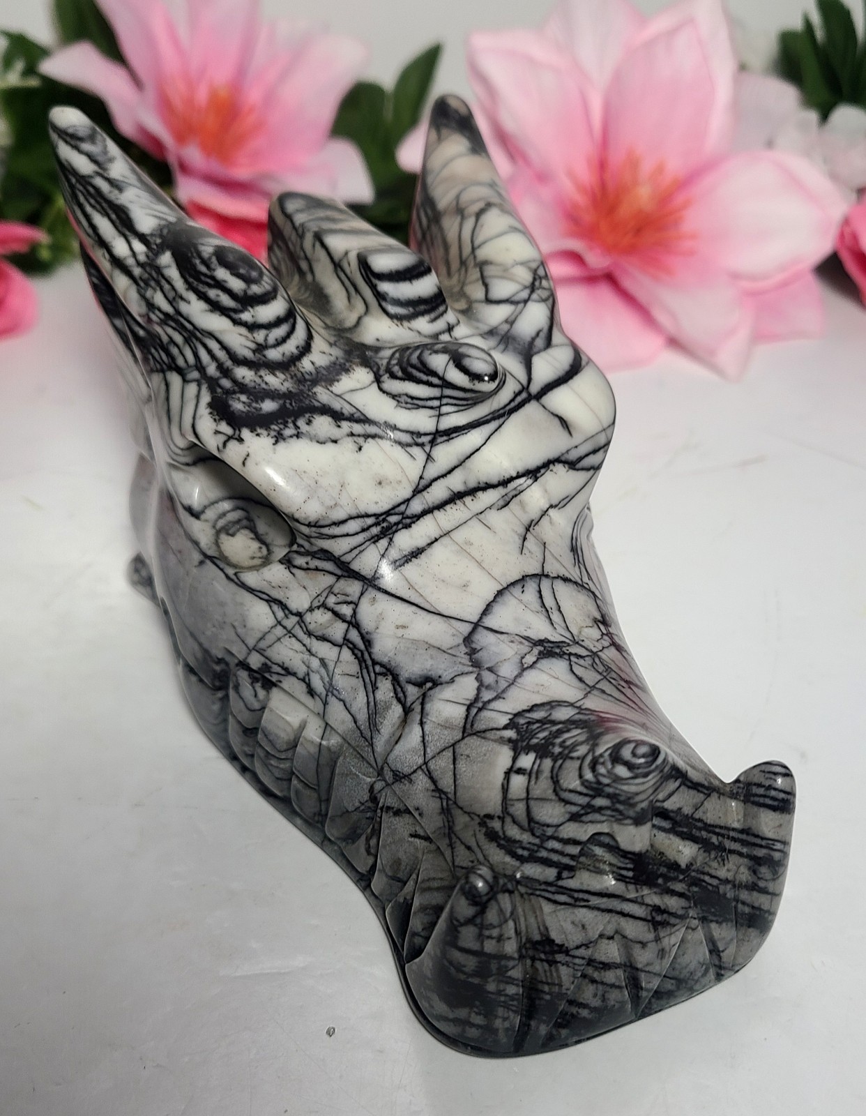 6″ 2.2 lb Elegant Picasso Jasper Dragon Head Skull Crystal Carving Stone Statue