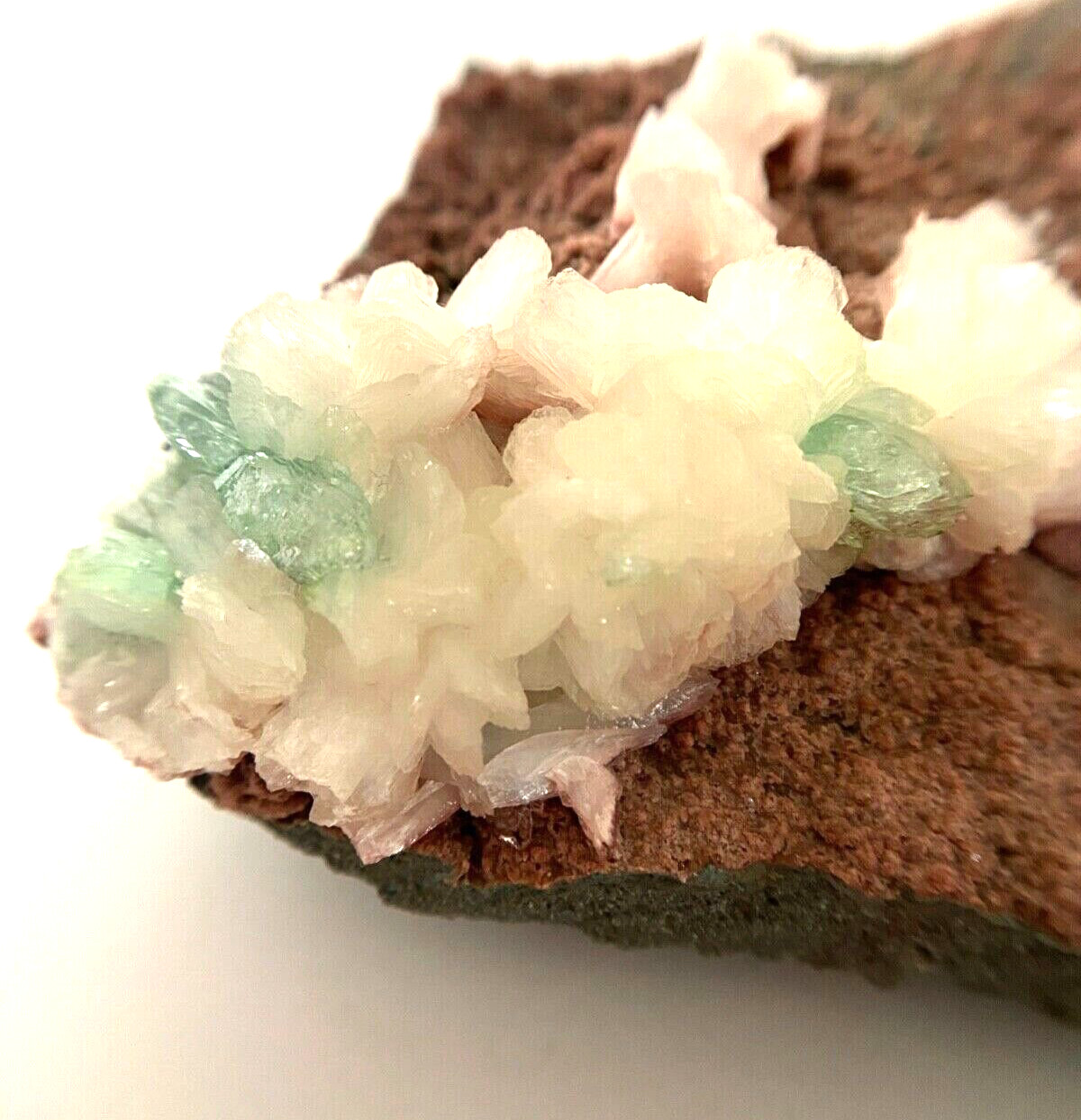 Light Mint Green Apophyllite and Pearly White Stilbite Crystals on Brown Matrix