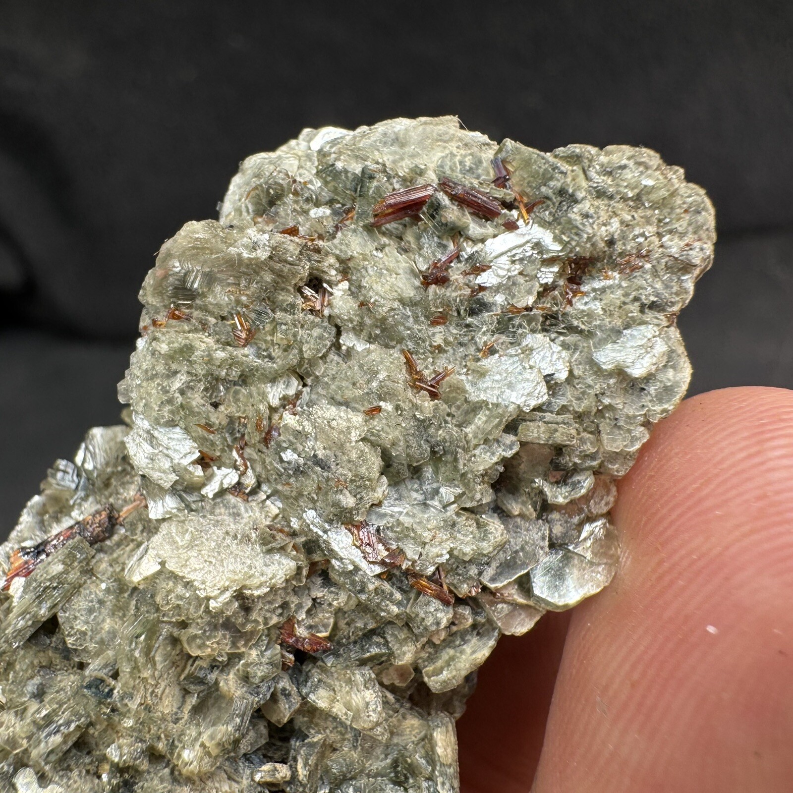 Lot of 4 Green Crystalized Mica Crystal Clusters with Rare Red Rutile Crystals