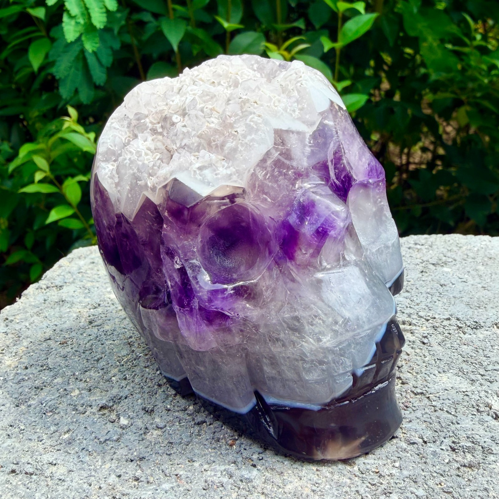 714g Amethyst agate crystal cave skull, Rare hand carved skull specimen