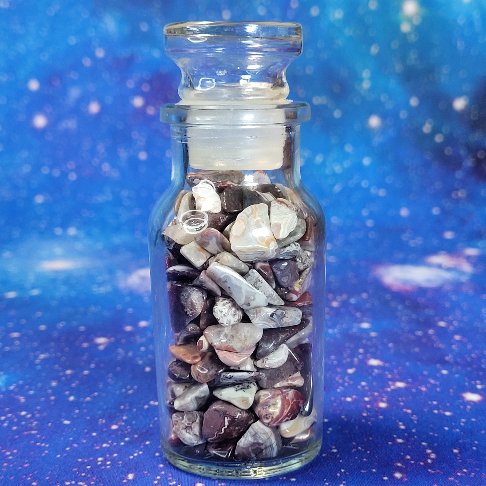 Mexican Crazy Lace Agate Stone Tumbles in Vintage 4 oz Apothecary Glass Jar