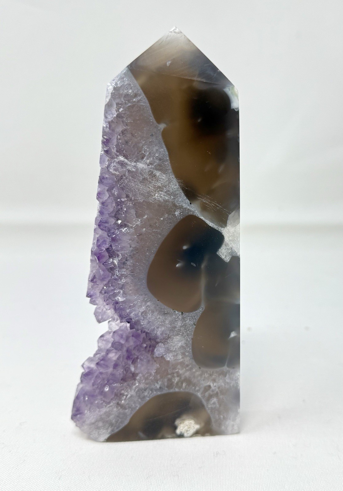 6” Pretty Polished Agate Tower With Purple Amethyst Cluster Free Standing