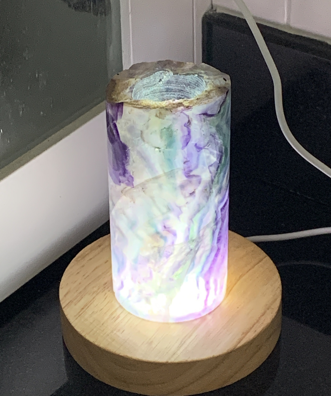 Rainbow Fluorite 4.25” Heavy Hollow Cylinder Night Light With LED Sphere Stand