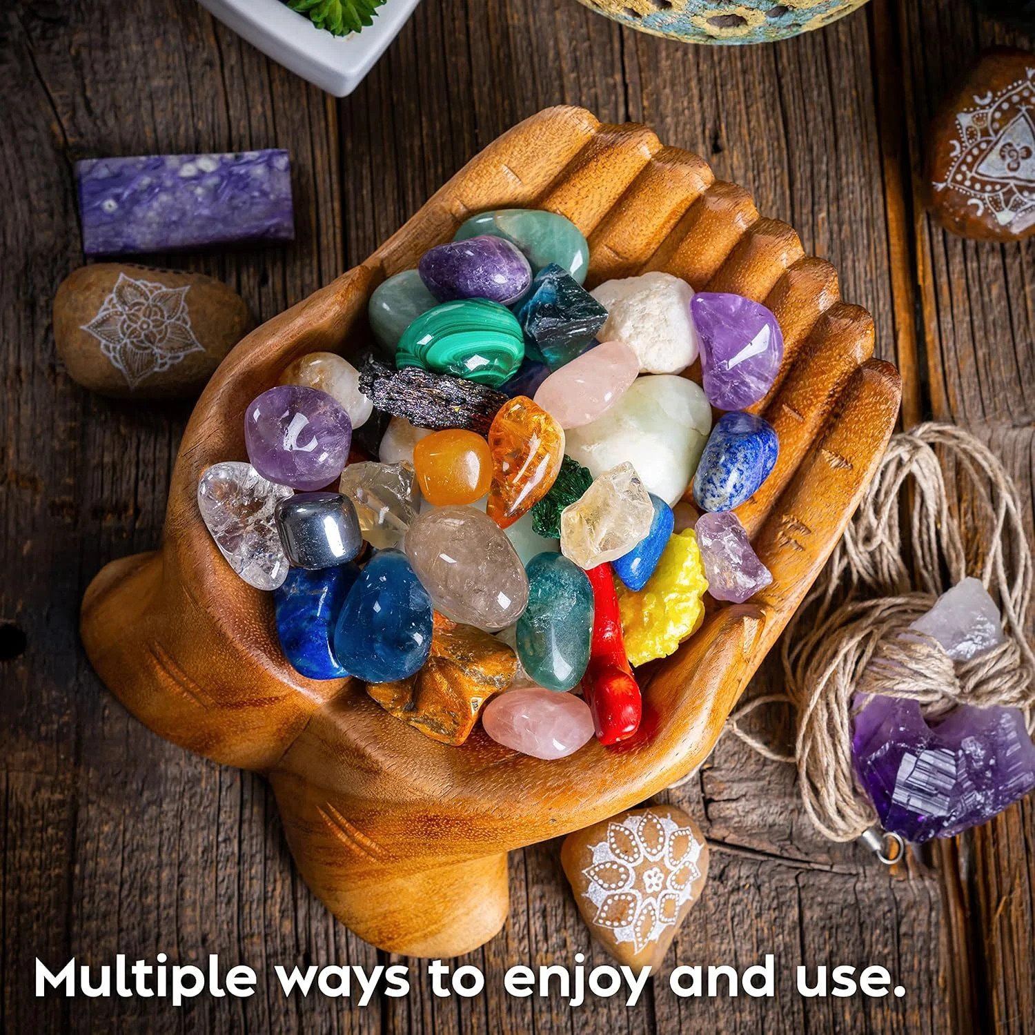 Wooden Hands Offering Bowl Crystal Holder Display Storage Tray Rock Display Case