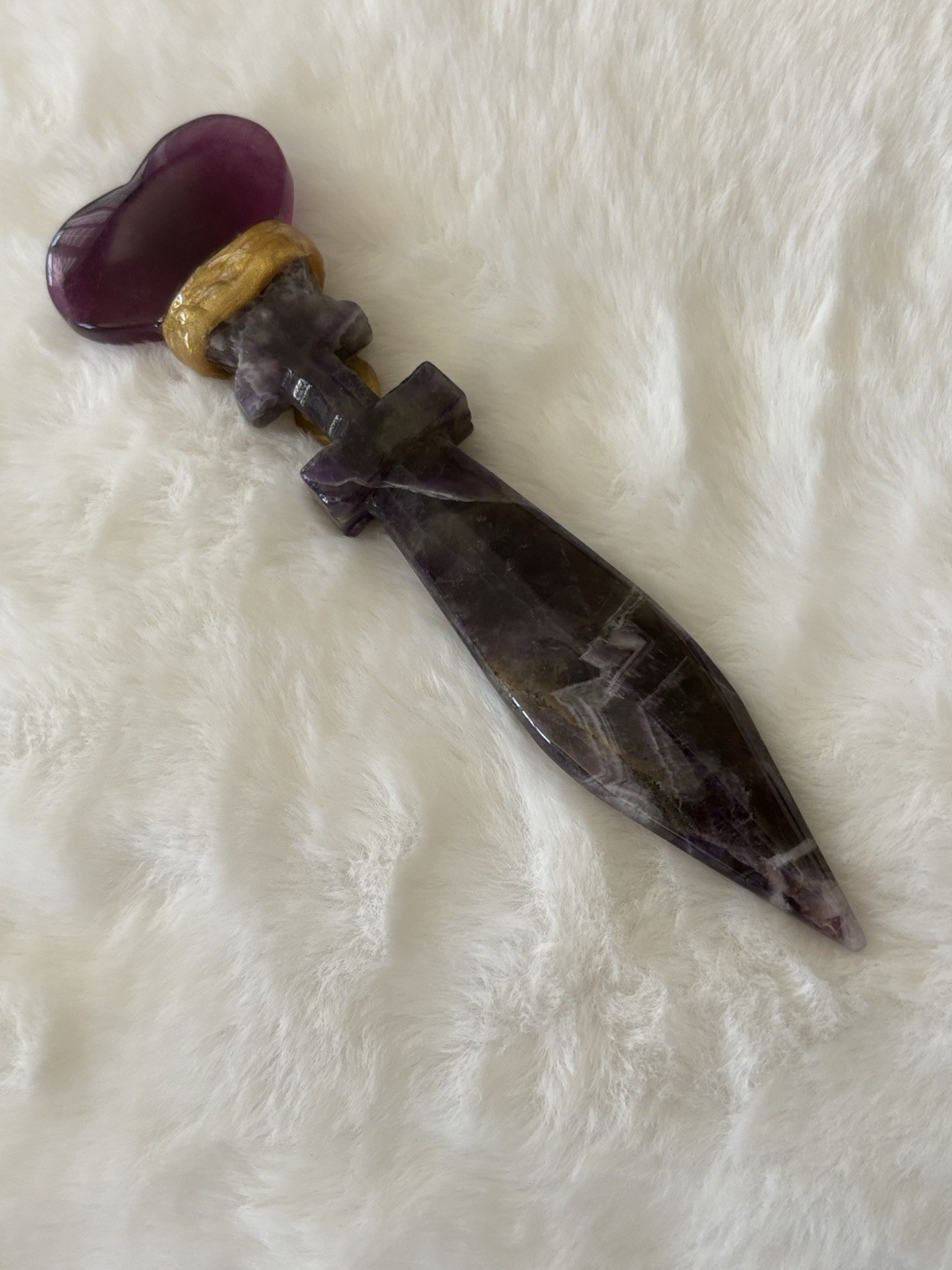 Purple Amethyst Carved Crystal Wand Gold Tone Detail, Green Stones, 6in