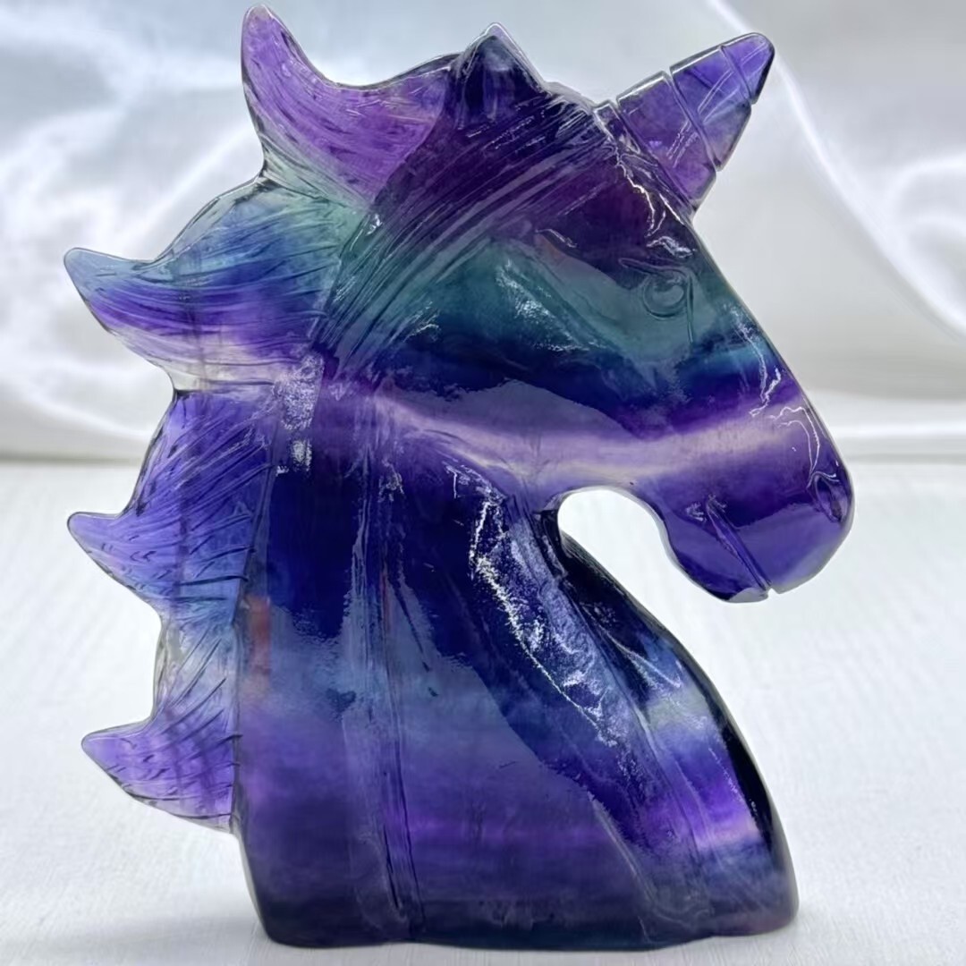 1PC Natural fluorite carved unicorn Skull quartz crystal reiki healing Gem Gift