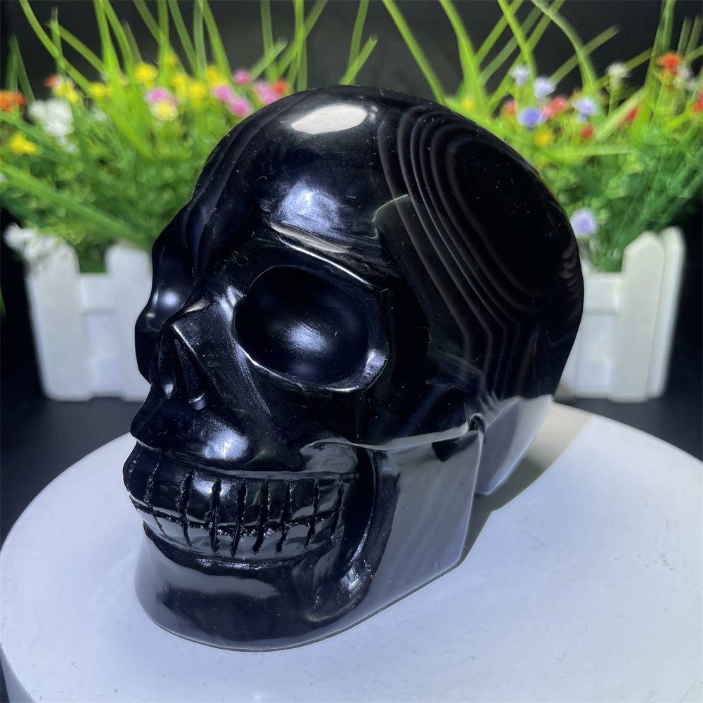 2.2LB 3.9″ Natural Black Sardonyx Agate Skull Carving Crystal Quartz Home Decor