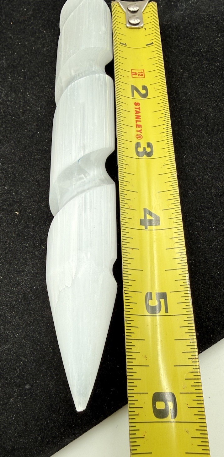 Selenite Crystal Massage Wand ” Spiral Polished Smooth Round & Point Tip 6″