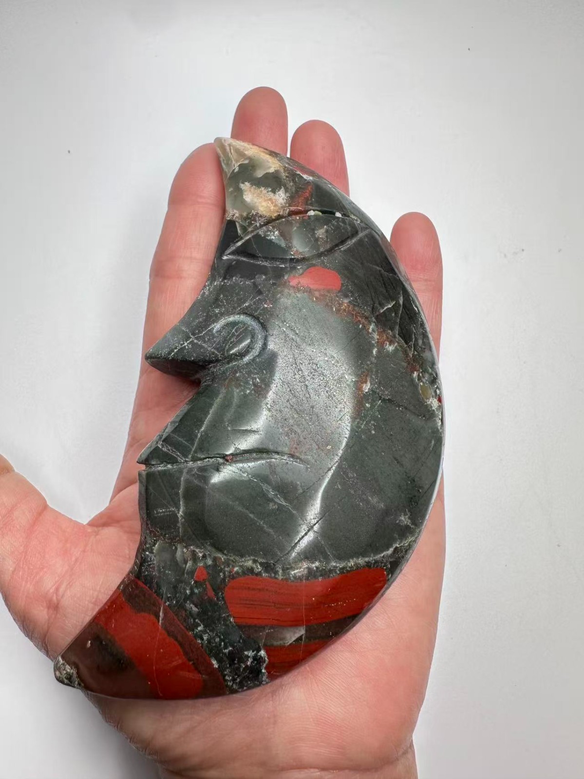 Large Natural Bloodstone Heliotrope Crystal Moon Face Carving 5″x2.75″ polished