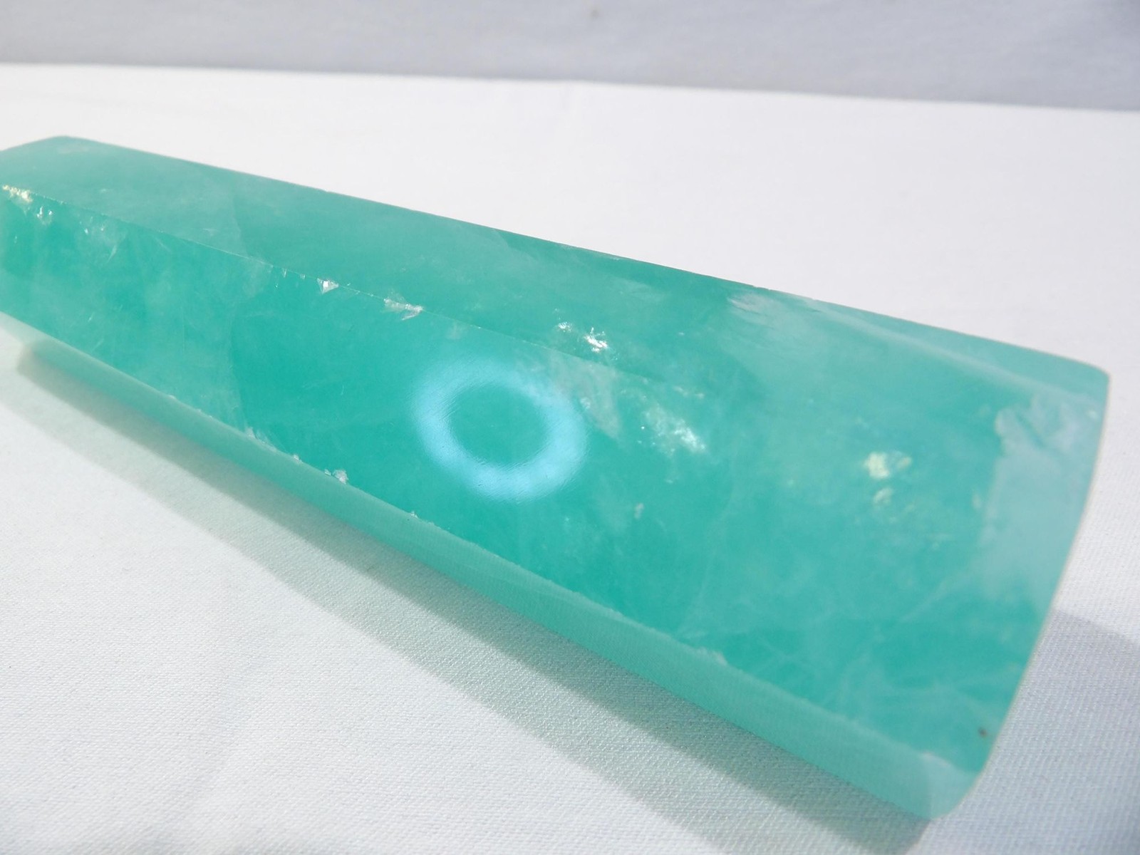 Green fluorite crystal tower, hexagon column obelisk, 6.75L X 1.75W, translucent