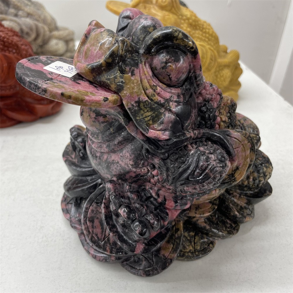 10.6LB 6.5″A+Natural Rhodonite Money Toad Crystal Hand Carved Statue Hand Carved