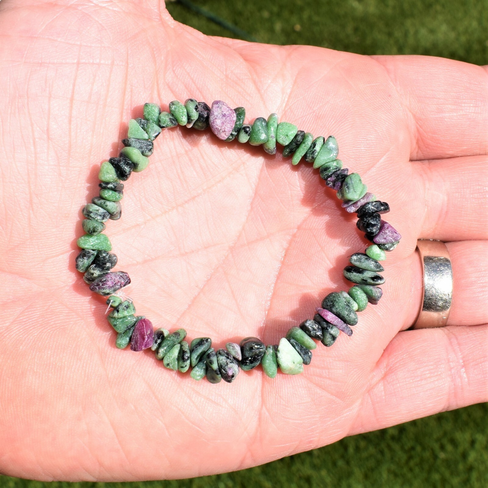 Premium Natural Ruby Zoisite Crystal Chip Stretchy Bracelet + Selenite Heart