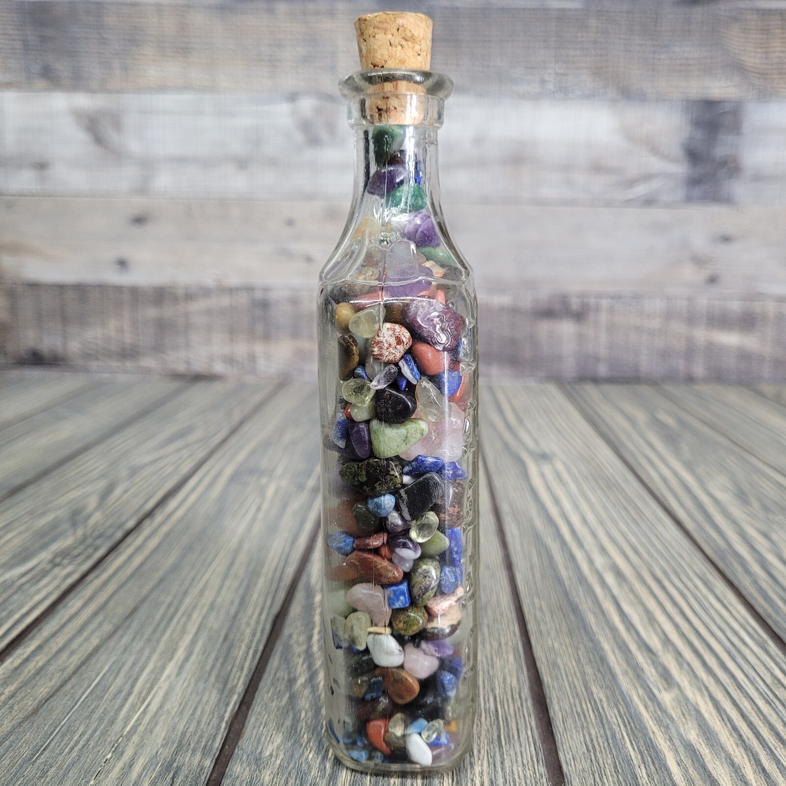 12oz Mixed Crystals in Vintage Apothecary Glass Medicine Bottle Jar Rock Tumbles