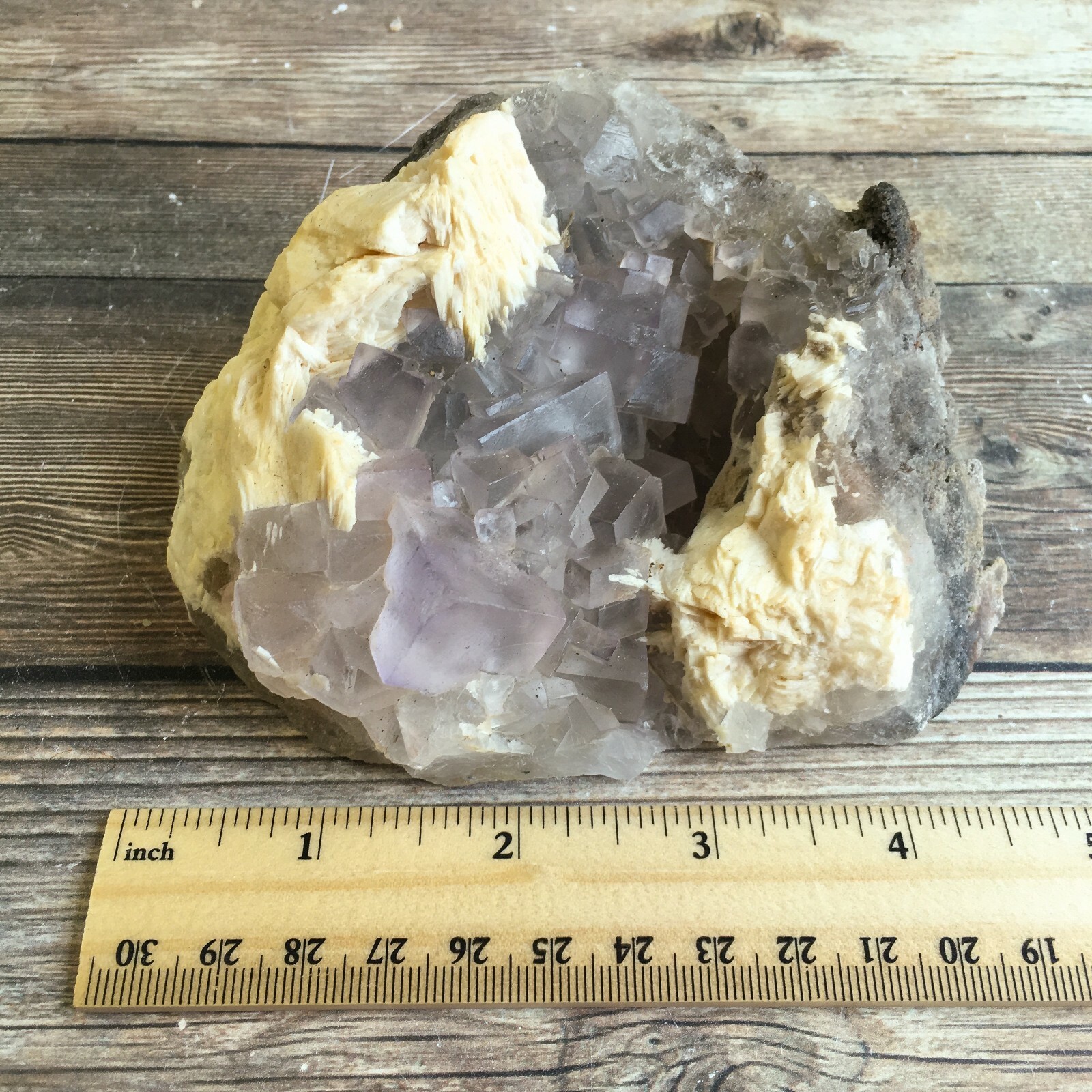Purple (Lilac) Fluorite Crystal Cluster w/ Baryte: 3.8″ Long; 1 lb 7 oz (644 g);