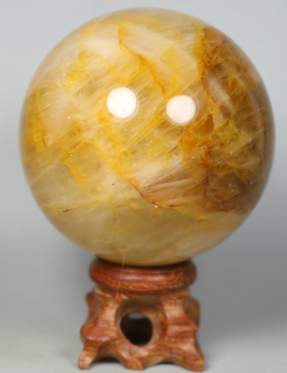 NATURAL Yellow PHANTOM MULTI-INCLUSIONS Quartz Crystal Stone Sphere Ball / Stand