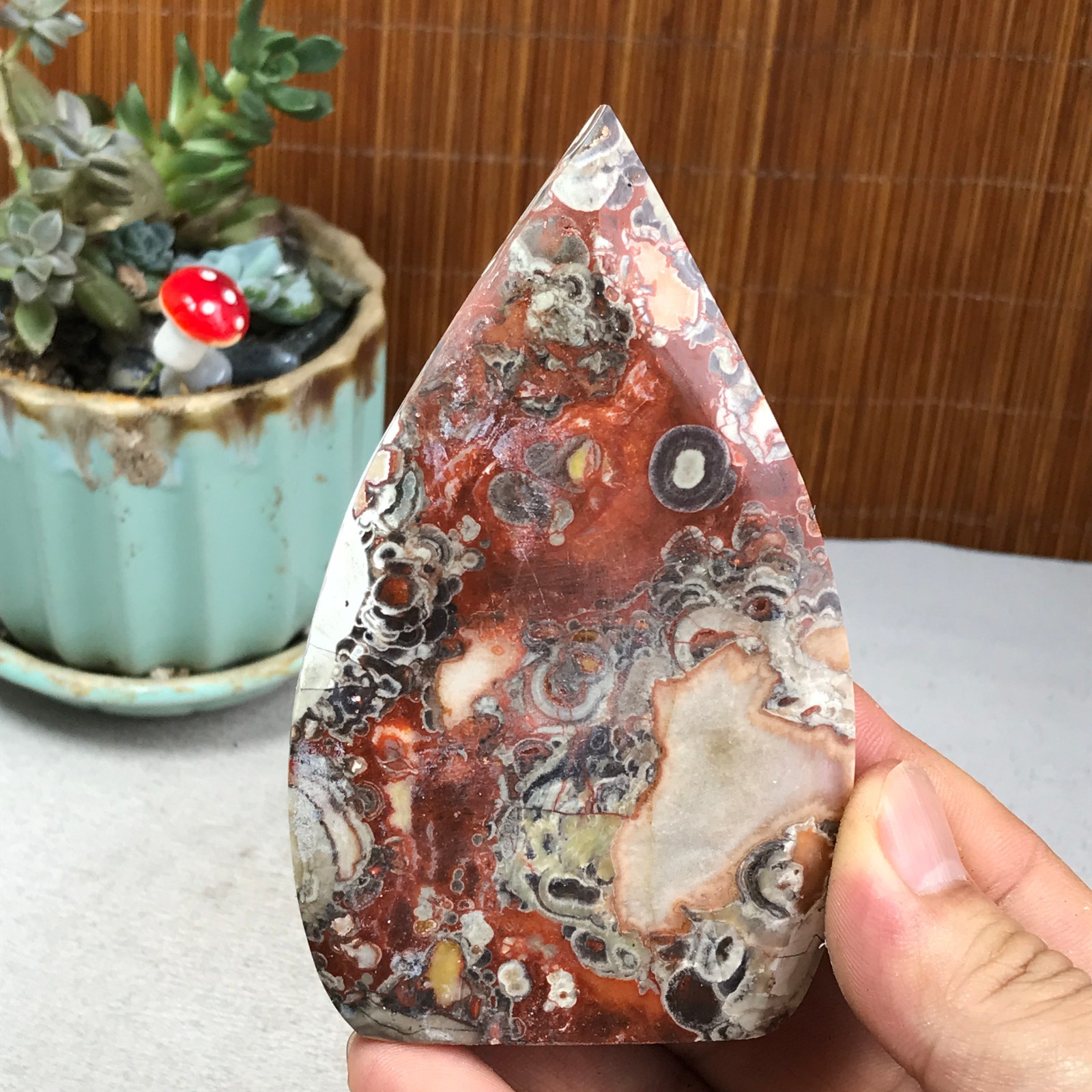 Natural money Mexico agate hand carve leaf Crystal Specimen free standing A6260