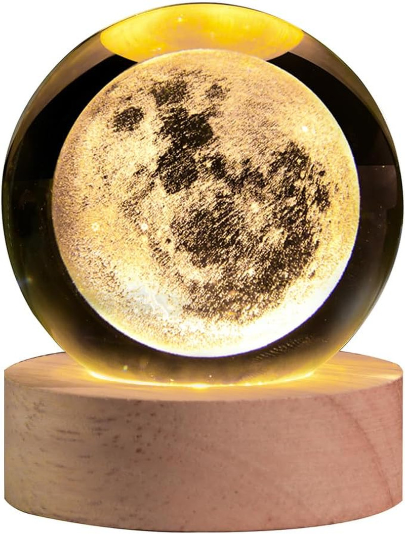 3D Moon Crystal Ball with LED Stand, Moon Figurine Decor Glass Sphere Lamp, Spac