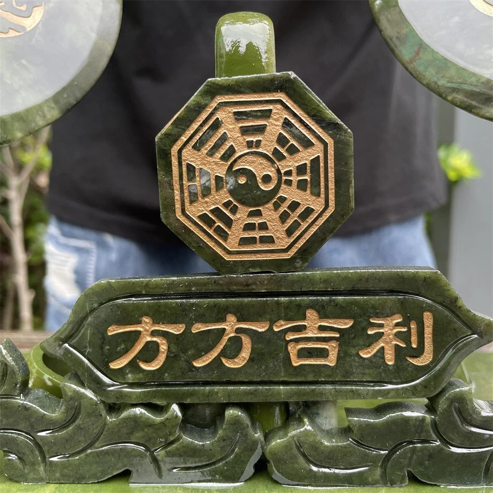 7LB 14.1″ Natural A++ Xiuyan Jade Auspicious Double Axe Platform Crystal