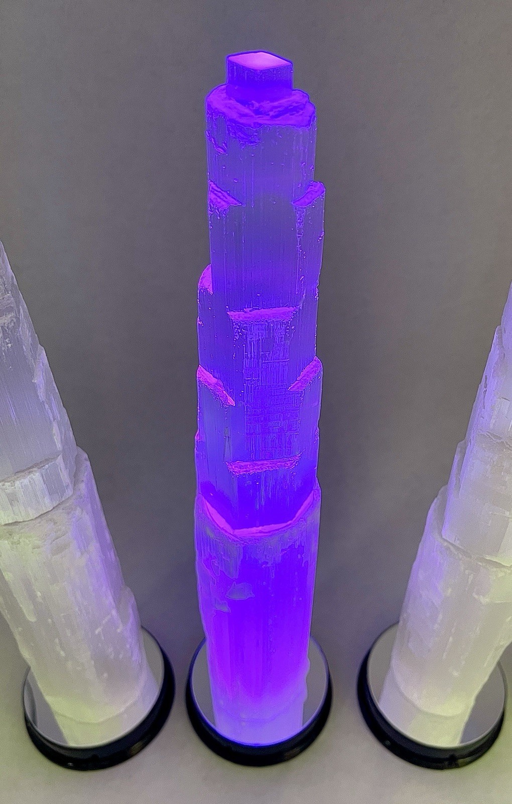 12” Display Crystals Of Satin Spar Tower W/ 6 Color LED Light Stands Included!