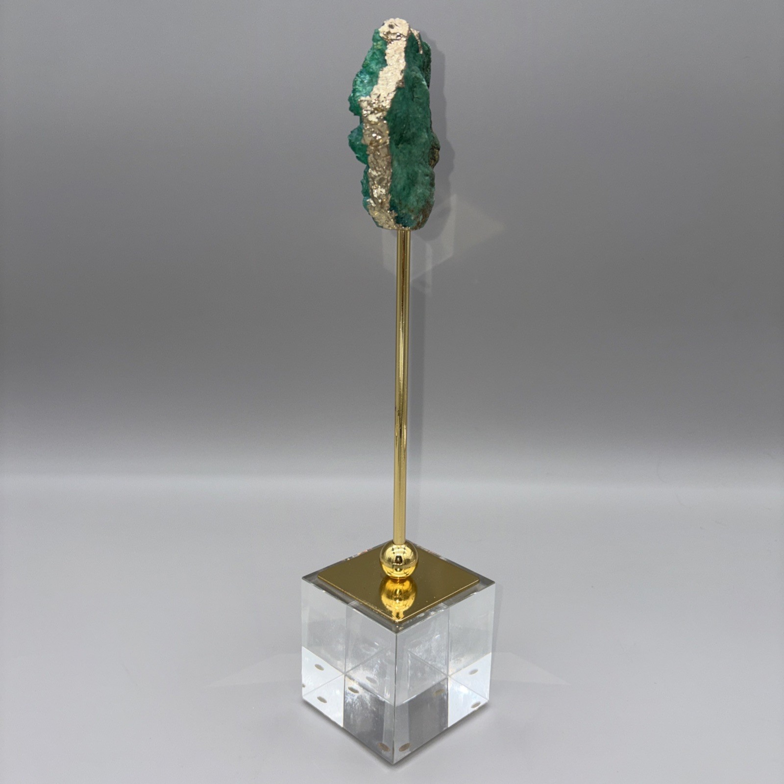 12.5″ Crystal Geode Sculpture Post Stand 12K Gold Plated Edge Acrylic Base Druzy