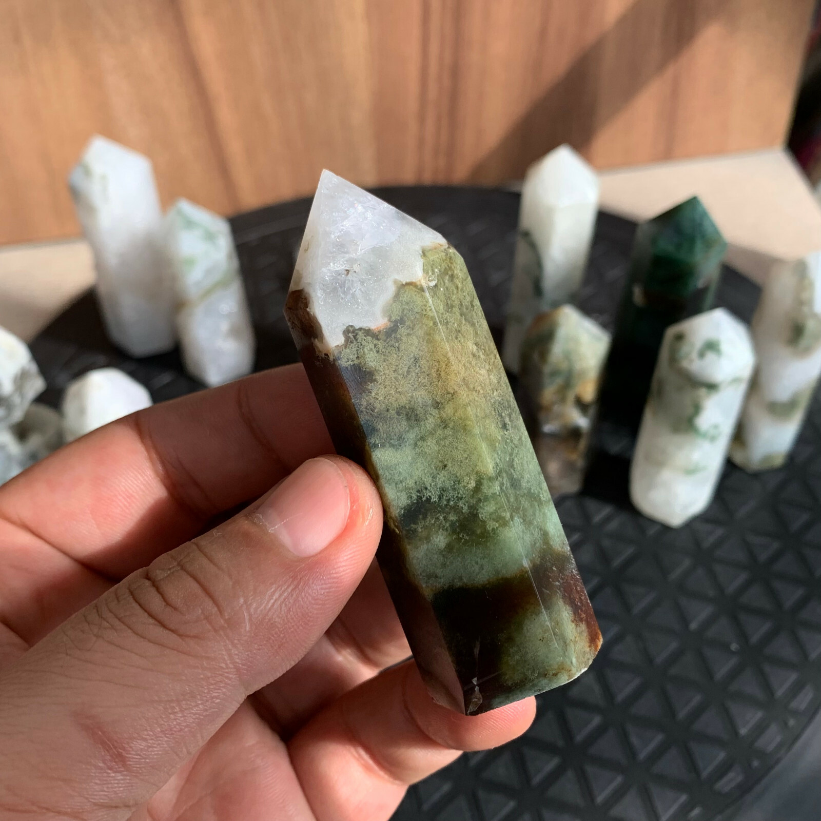 10pcs natural moss agate quartz obelisk crystal wand point healing 40-75mm