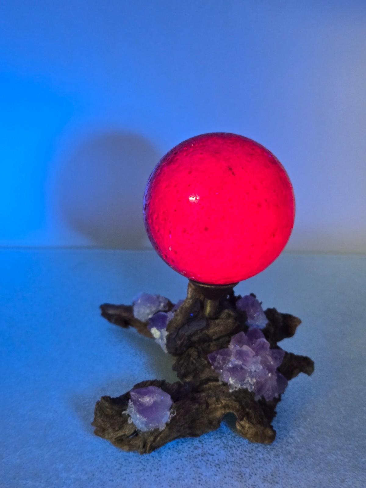 320G Pink UV Ruby Corundum Sphere Crystal Ball Reiki Healing With Wood Stand