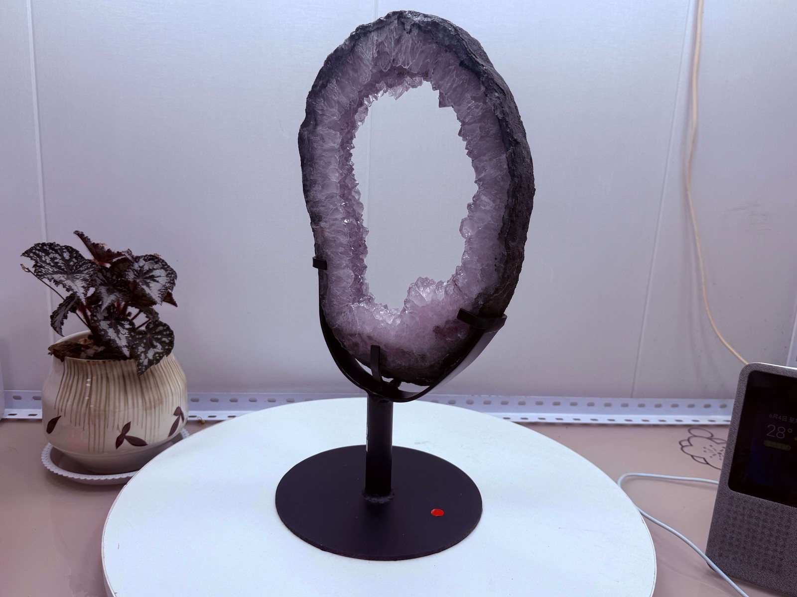Amethyst Geode Ring Slice Ornament with Metal Stand Home Tabletop Decor Gift