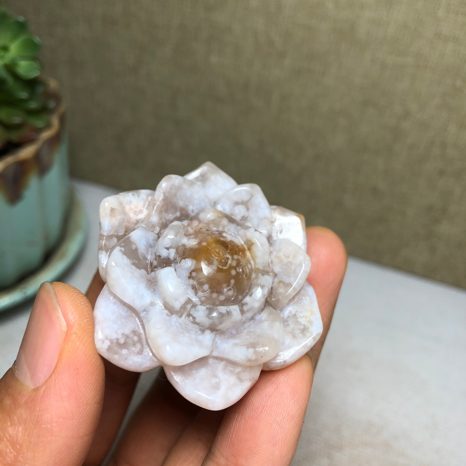 44mm Natural cherry blossom agate Hand carved flower Crystal specimens 38g A4456