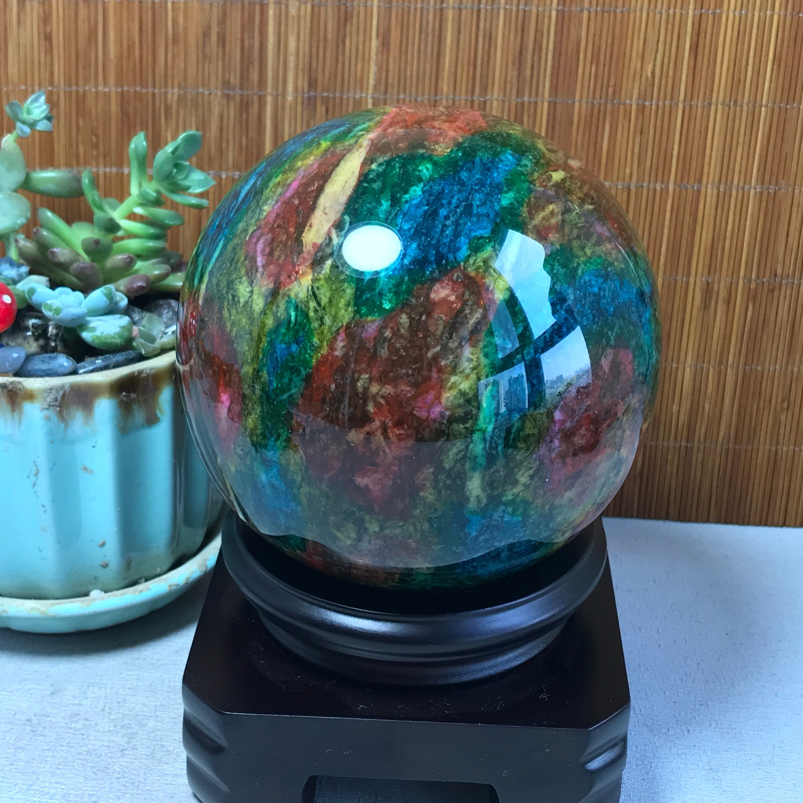 Natural “Seven Colors Jade” sphere Ball -Taiwan China 1.85kg Base Random A5808