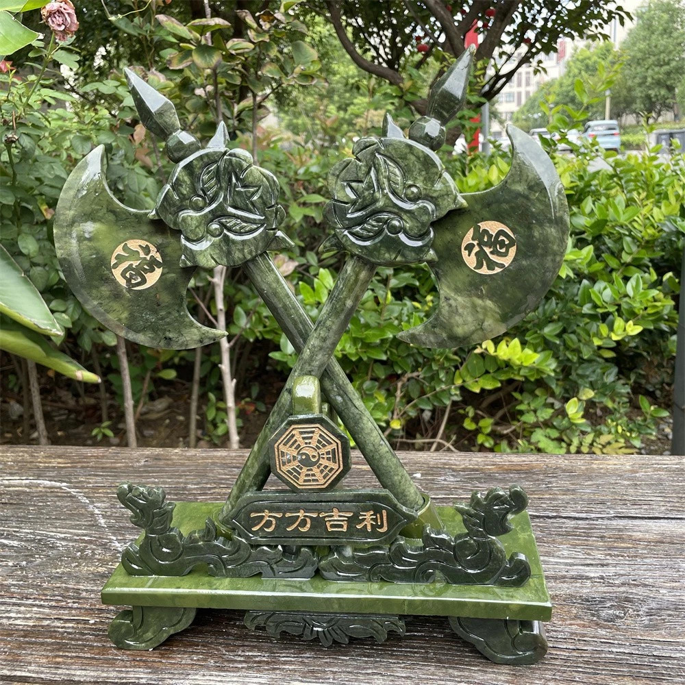 7LB 14.1″ Natural A++ Xiuyan Jade Auspicious Double Axe Platform Crystal