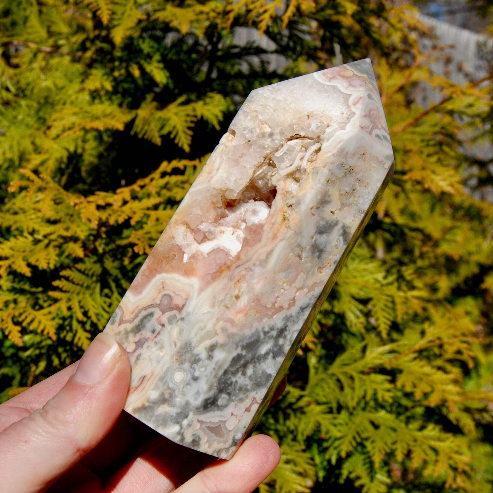 5.25in 1.2lb Pink Crazy Lace Agate Crystal Tower, Mexico