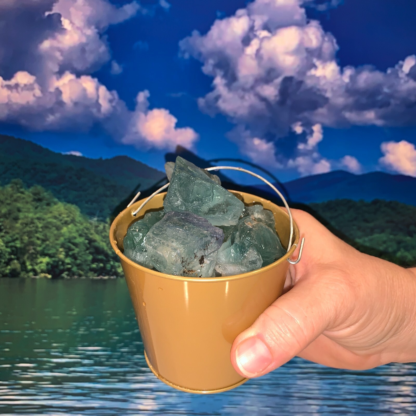 Bucket Full of Green Fluorite Rough + FREE faceted gemstone – Pick Bucket Color