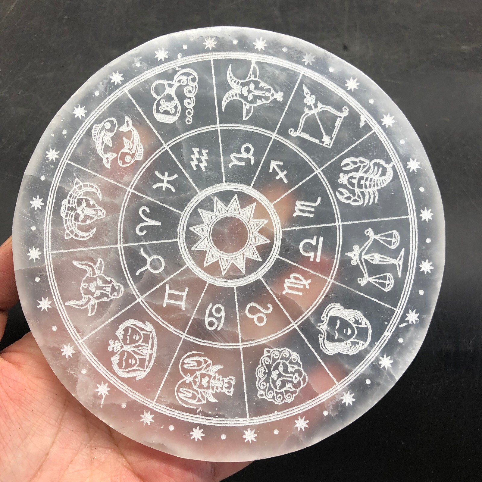 “5.82” Natural Selenite Crystal Divination Zodiac Disk Purification Meditation