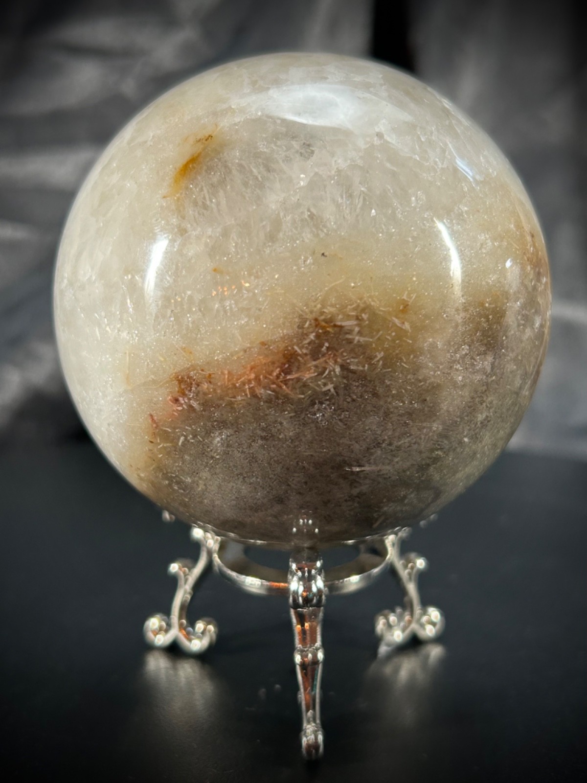 3″ Milky Lodolite Quartz Sphere With Metal Stand 1lb 6.1oz (626 grams) Druzy