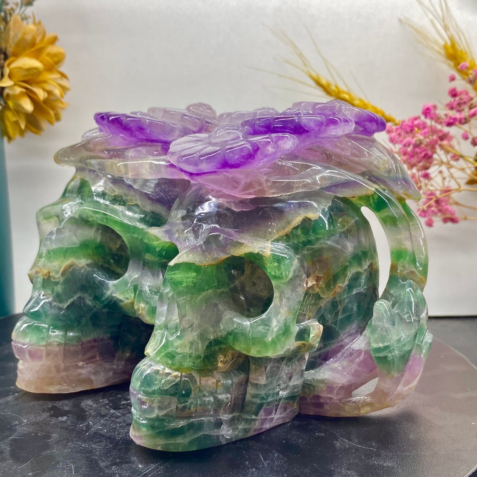 7.05LB Natural fluorite skull quartz hand carved crystal skull healing