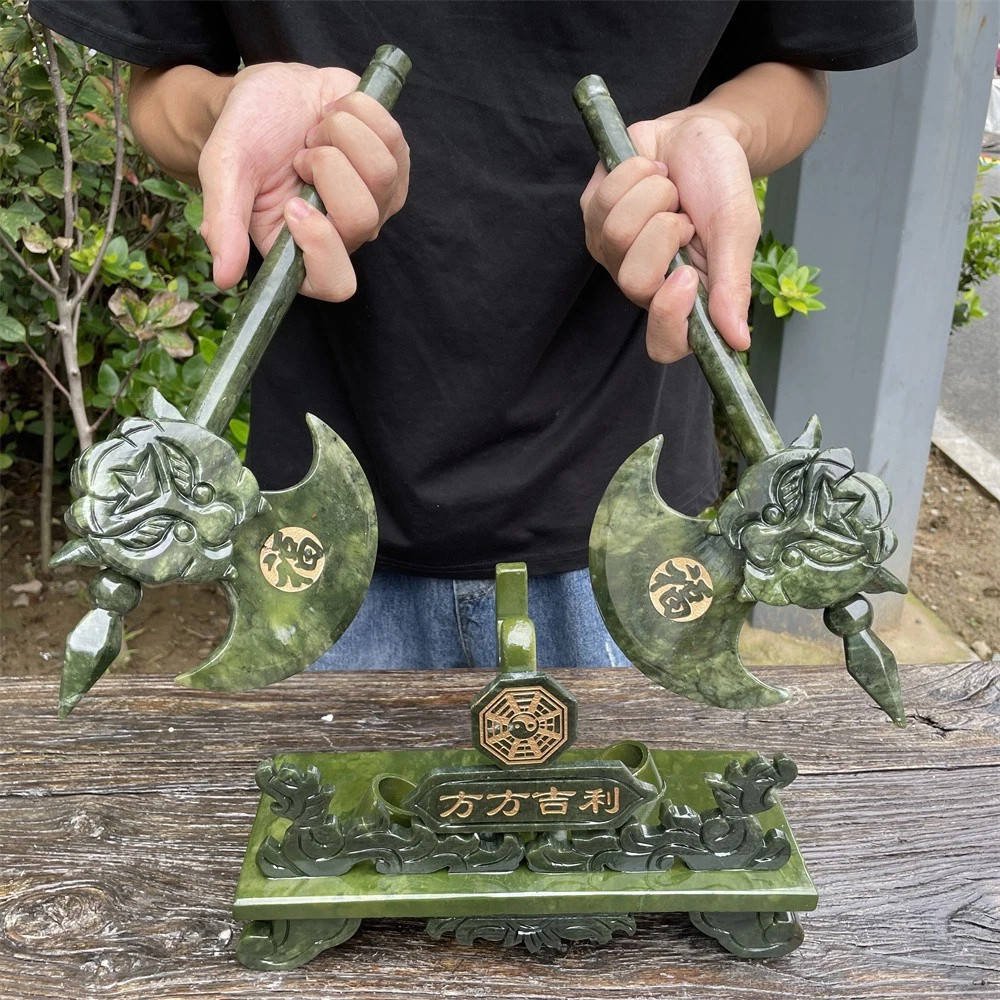 7LB 14.1″ Natural A++ Xiuyan Jade Auspicious Double Axe Platform Crystal