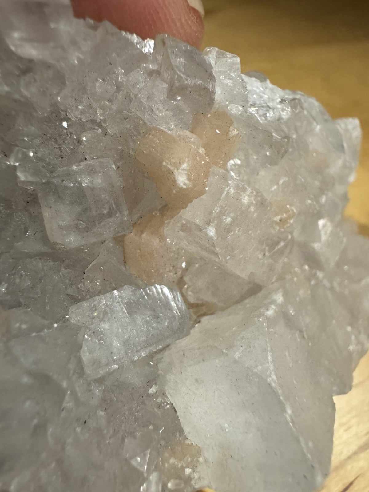 7099 Apophyllite With Stilabite India 1.5”T 2.0”W 3.4”L Wt. 8 Oz.