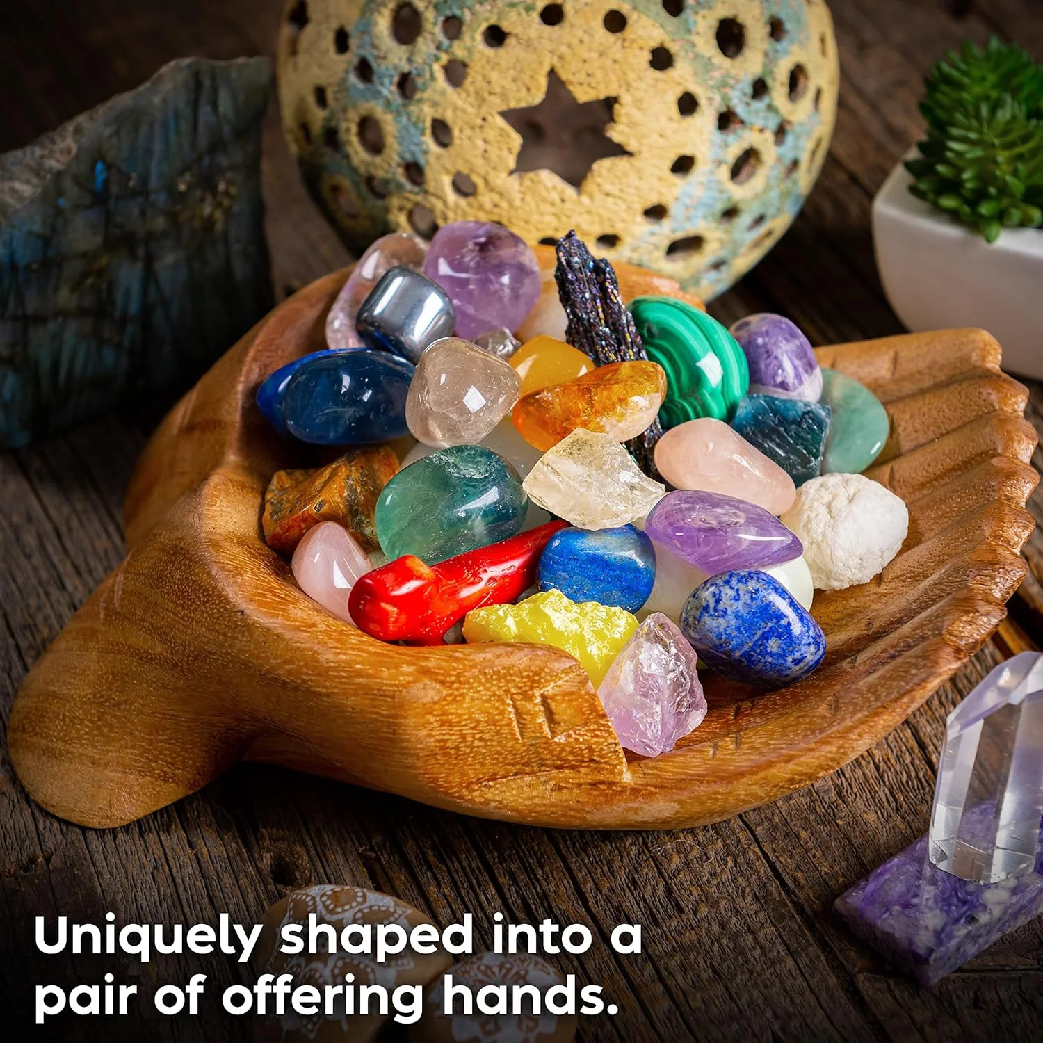 Wooden Hands Offering Bowl Crystal Holder Display Storage Tray Rock Display Case