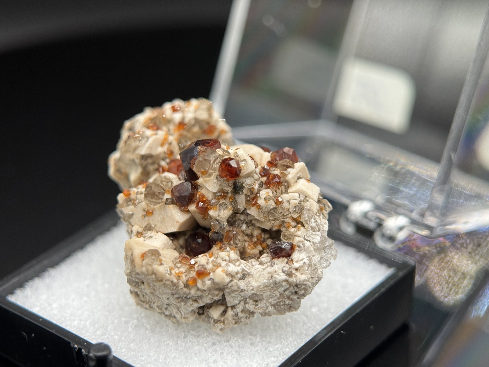 Exceptional spessartine garnets on smoky quartz & microcline from Fujian, China