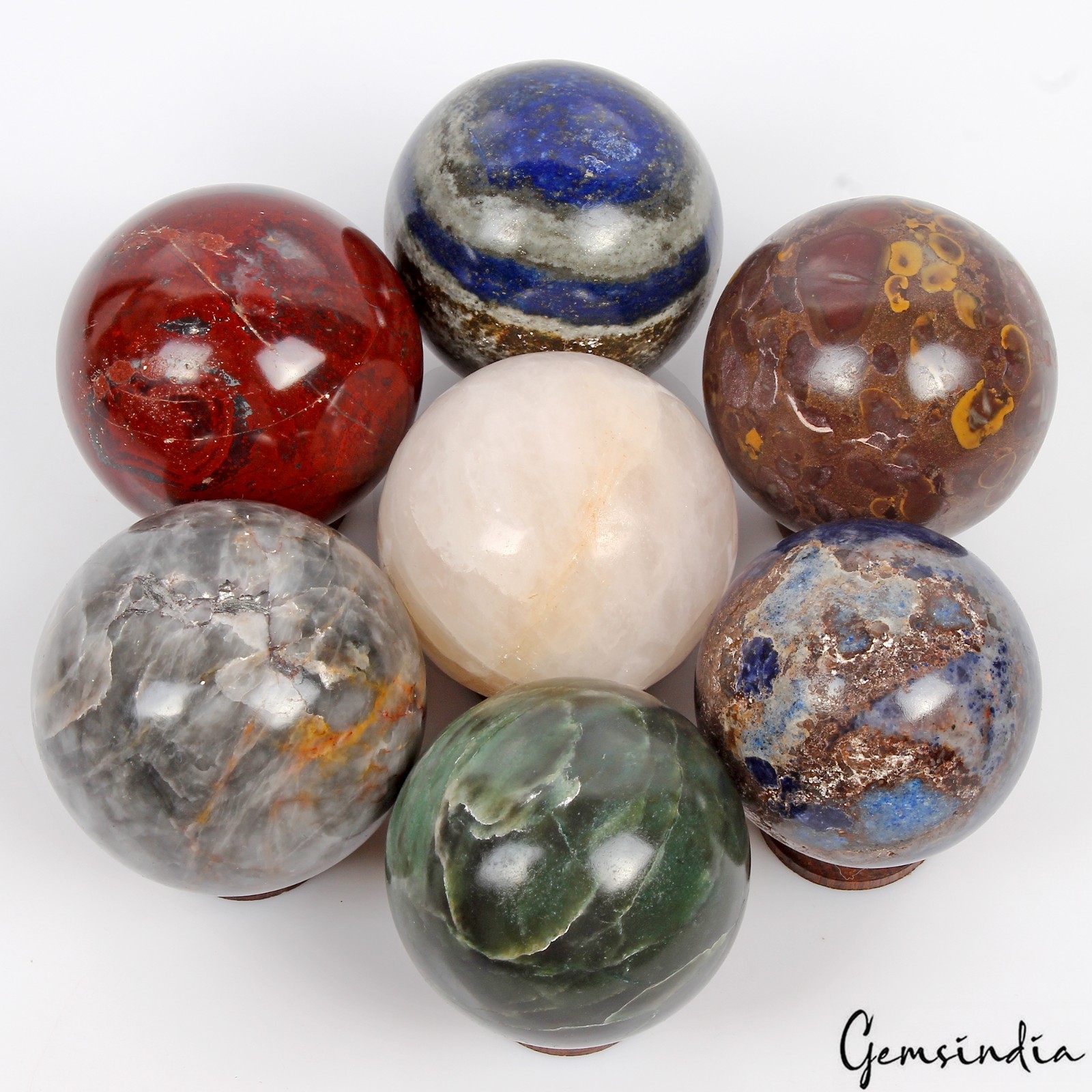 7 Pcs Natural Gemstone Sphere Set + Wooden Stands – Bulk Crystal Ball Collection