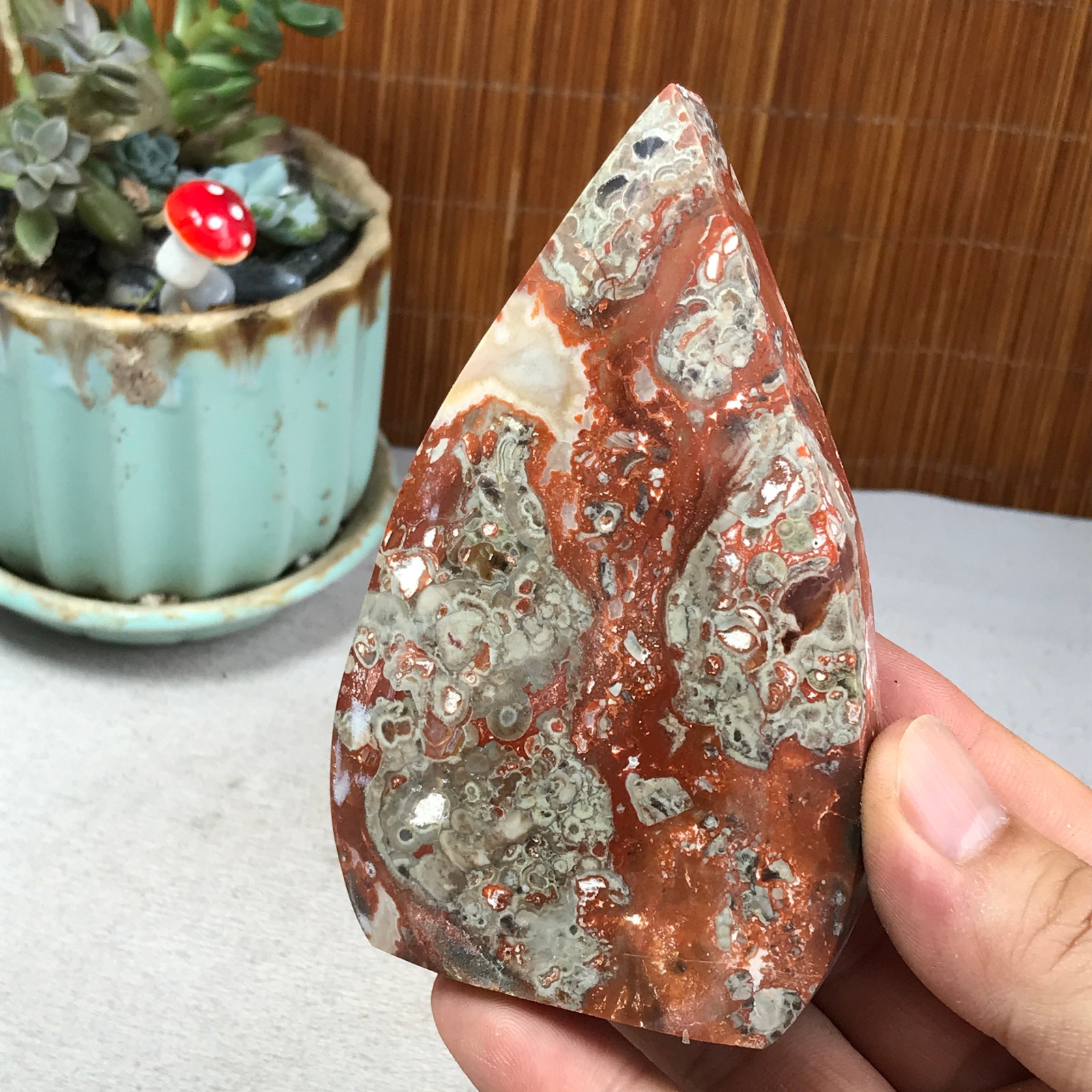 Natural money Mexico agate hand carve leaf Crystal Specimen free standing A6259