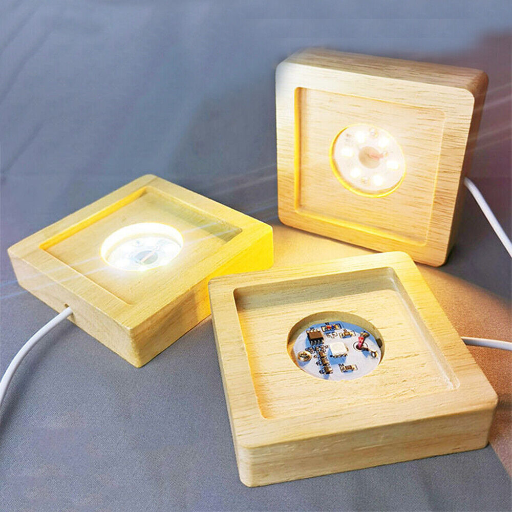 2pcs USB LED Light Square Solid Wood Base Holder Warm For Crystal Craft Display