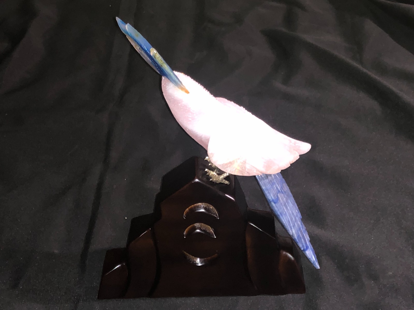 BEAUTIFUL PINK AND BLUE QUARTZ BIRD WITH WOODEN DESIGNED STAND ( NO-RESERVE )