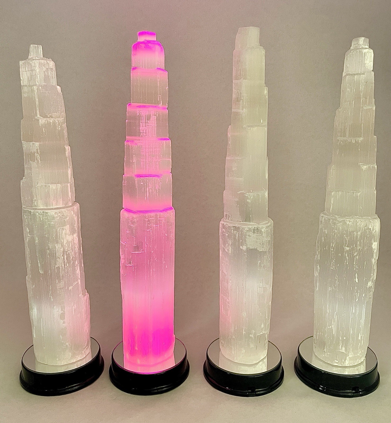 12” Display Crystals Of Satin Spar Tower W/ 6 Color LED Light Stands Included!