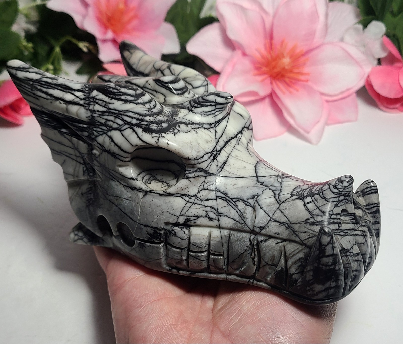6″ 2.2 lb Elegant Picasso Jasper Dragon Head Skull Crystal Carving Stone Statue