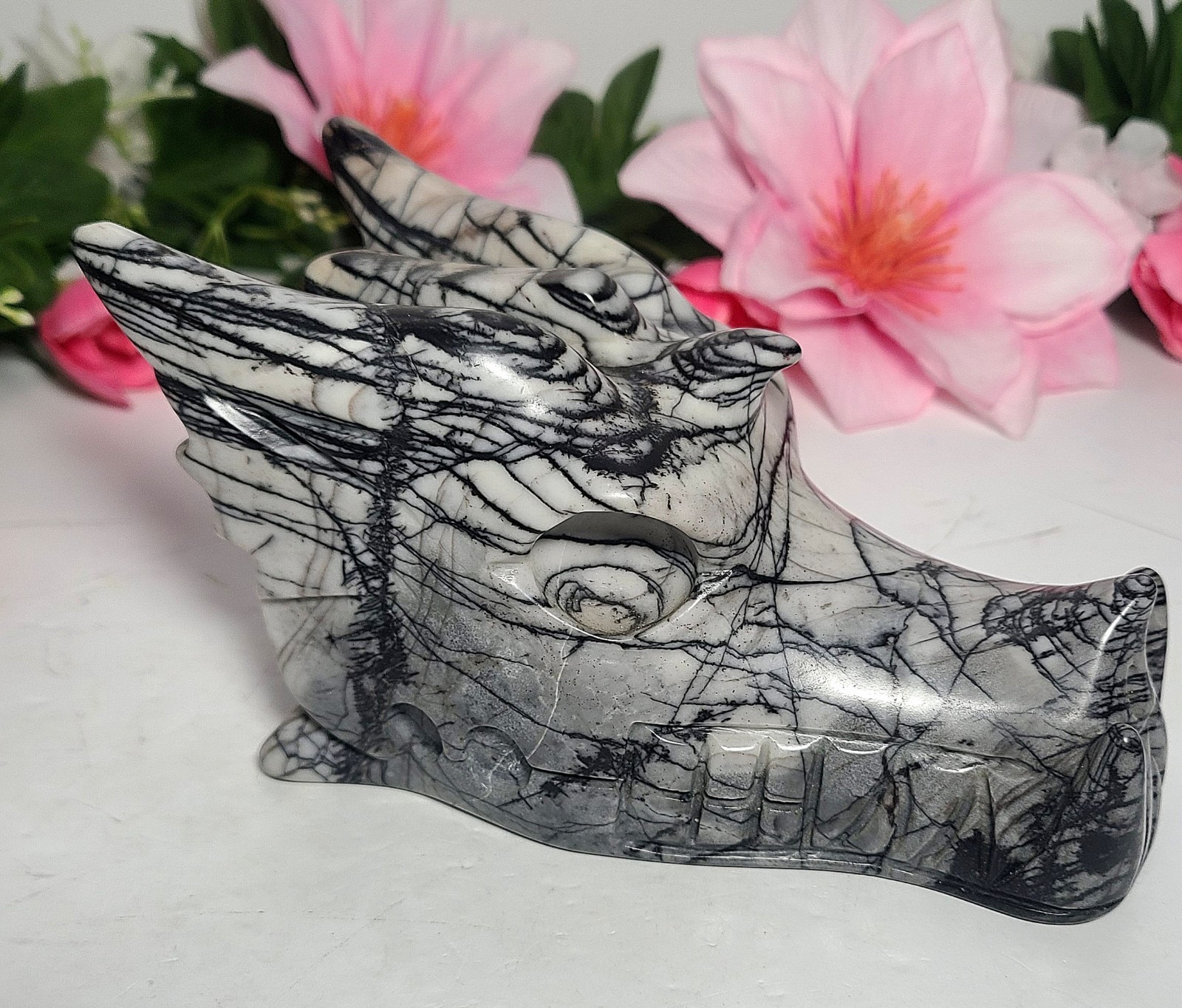6″ 2.2 lb Elegant Picasso Jasper Dragon Head Skull Crystal Carving Stone Statue