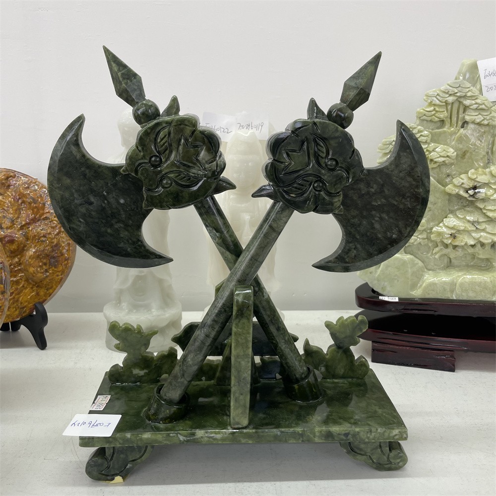 7LB 14.1″ Natural A++ Xiuyan Jade Auspicious Double Axe Platform Crystal