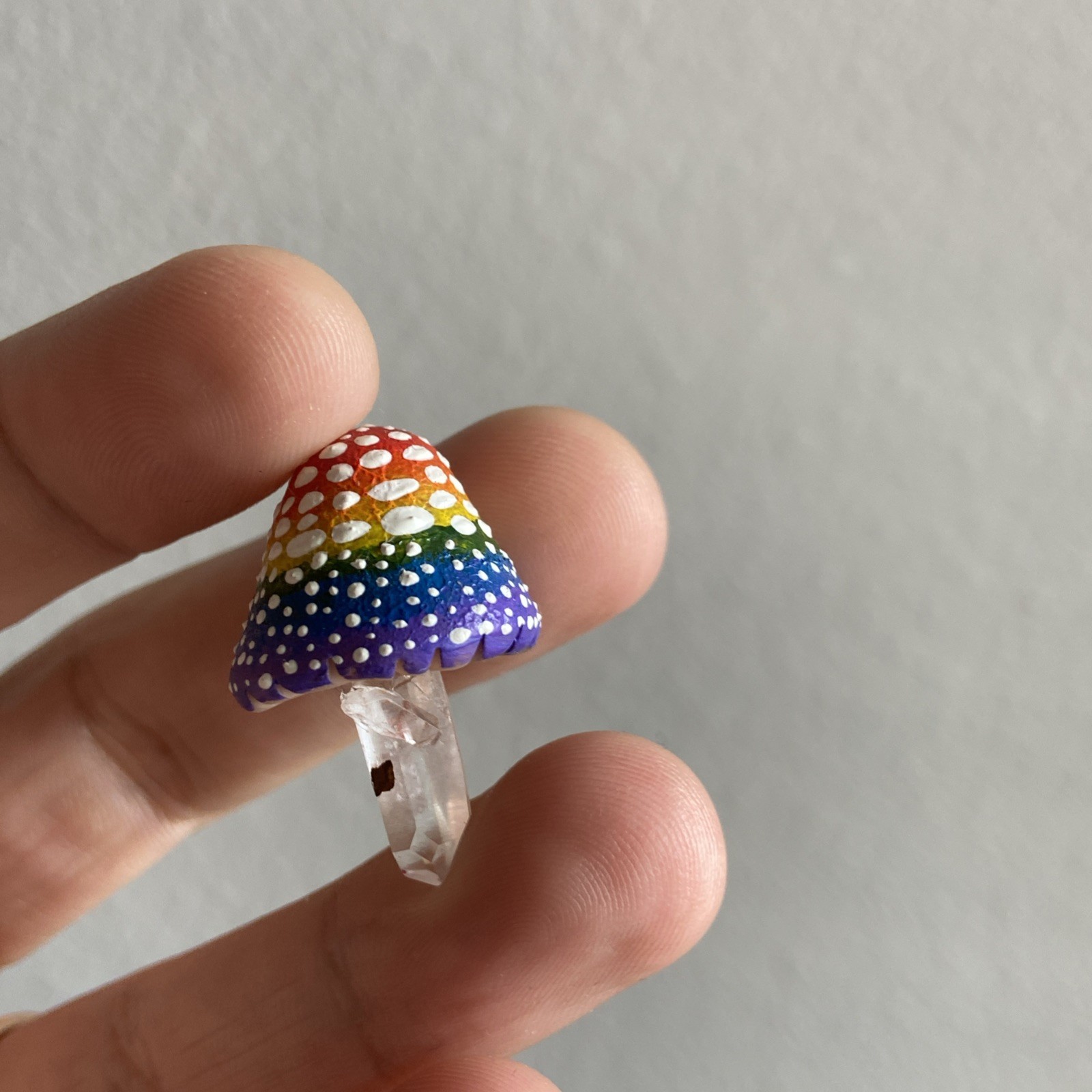 Handmade Clay Amanita Mushroom Lemurian Clear Quartz Crystal Point Rainbow Pride
