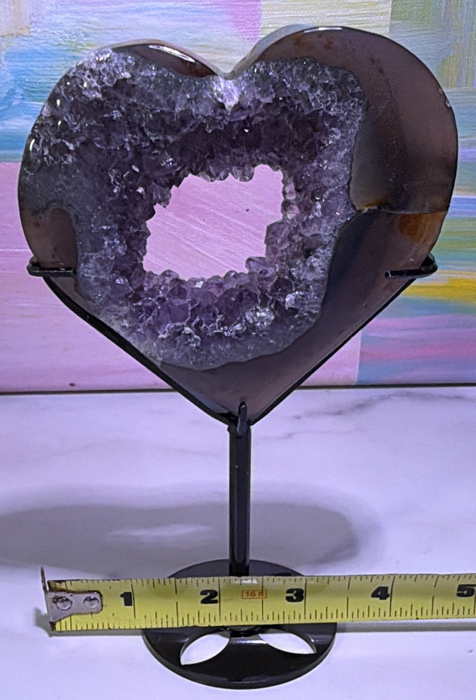 Heart-Shaped Purple Crystal Geode Slice Decor on Black Metal Stand, 6 in Tall